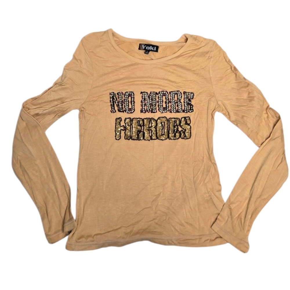 Y2K Yoki mustard yellow long sleeve No More Heroes sequin baby tee‎ shirt L